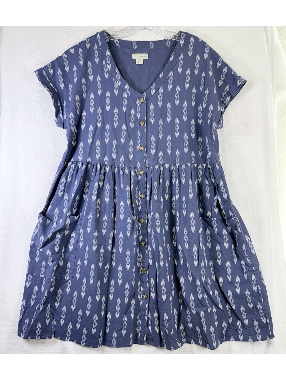 Peyton Parker Blue Ikat Linen Button Shift Dress Pockets Medium Boho Lagenlook